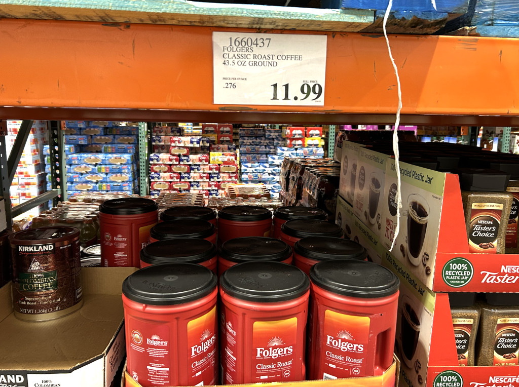 Huge Folgers ground coffee containers for sale at Costco for $11.99